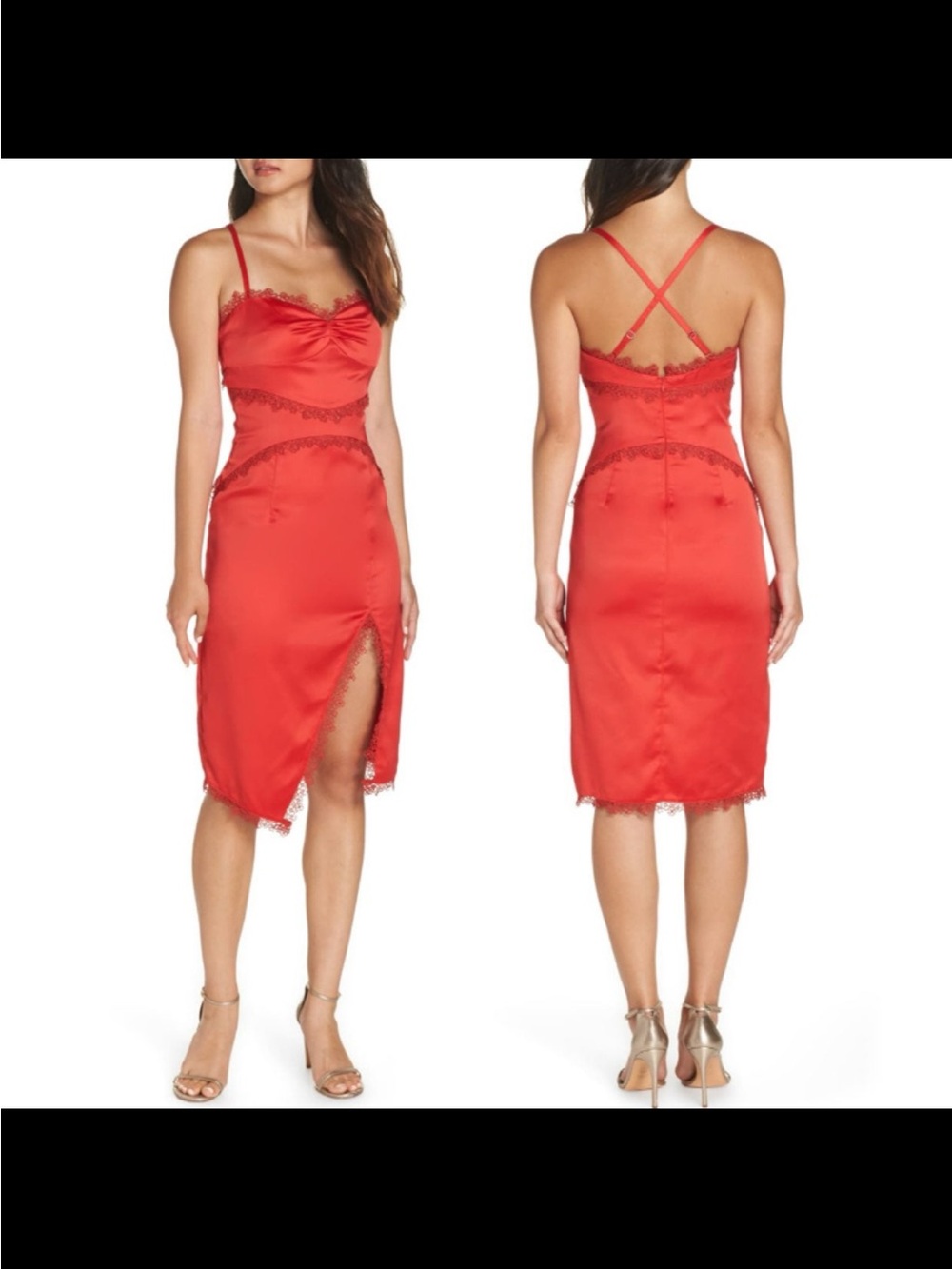 Anthropologie Red Satin Lace-Trim Slip Dress